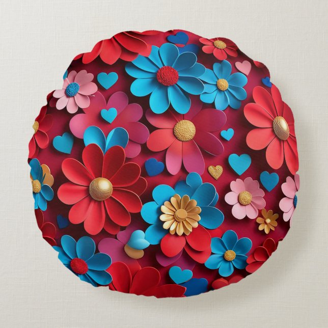 Blommor och hjärtans arrangemang rund kudde (Framsidan)