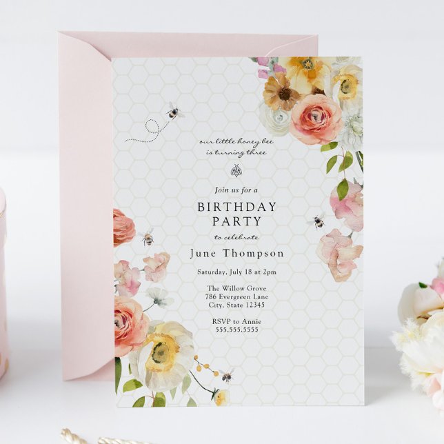 Blommor och Honey Bee Födelsedagsinbjudan Inbjudningar (Skapare uppladdad)