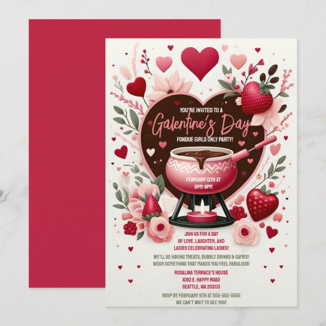 Blommor och jordgubbar Galentine's Fondue Party Inbjudningar (Fram/baksida)