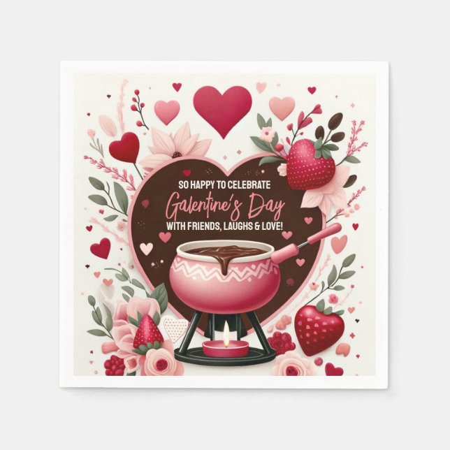 Blommor och jordgubbar Galentine's Fondue Party Pappersservett (Framsidan)