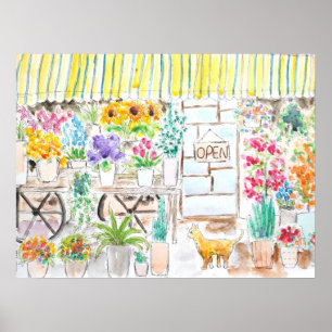 Blommor och katt bläck och vattenfärg poster