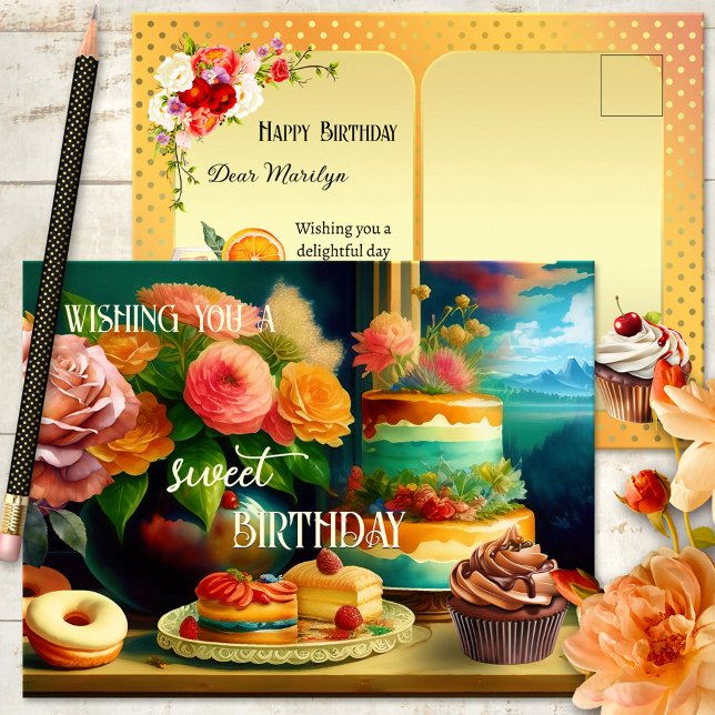 Blommor och kummeldjur, födelsedag vykort (A colorful and festive postcard featuring cake and flowers. A lovely birthday treat.)