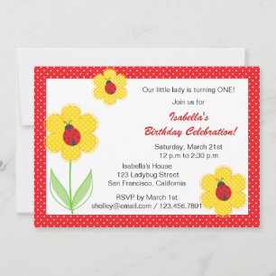 Blommor och ladybug födelsedagsfest inbjudan