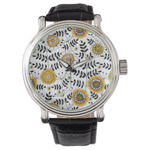 Blommor och löv i gult och svart armbandsur