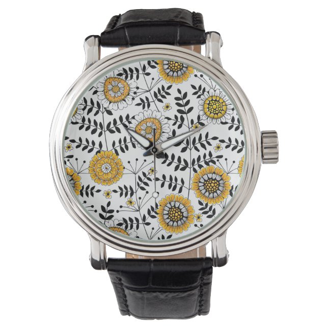 Blommor och löv i gult och svart armbandsur (Framsida)
