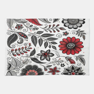Blommor och löv i rött och svart kökshandduk