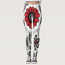 Blommor och löv i rött och svart leggings