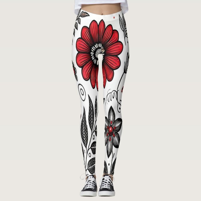 Blommor och löv i rött och svart leggings (Framsida)