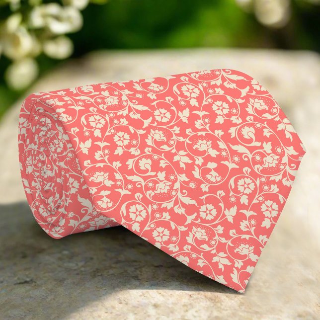 Blommor och Löv på ljusröd bakgrund Slips (Skapare uppladdad)