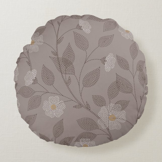 Blommor och löv utan broderier, sömlös design. rund kudde (Framsidan)