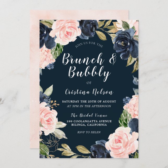  blommor och marin Brunch & Bubly-Möhippa Inbjudningar (Fram/baksida)