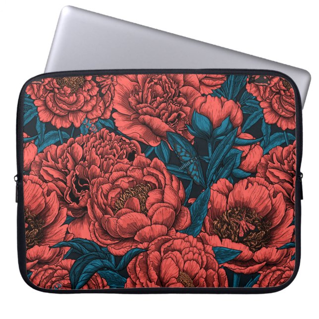 Blommor och mossar av rödpeonblommor laptop fodral (Framsidan)