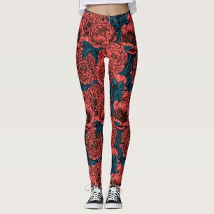 Blommor och mossar av rödpeonblommor leggings