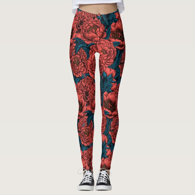 Blommor och mossar av rödpeonblommor leggings (Framsida)