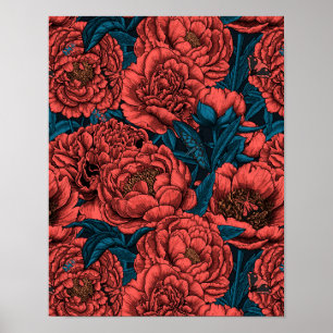 Blommor och mossar av rödpeonblommor poster