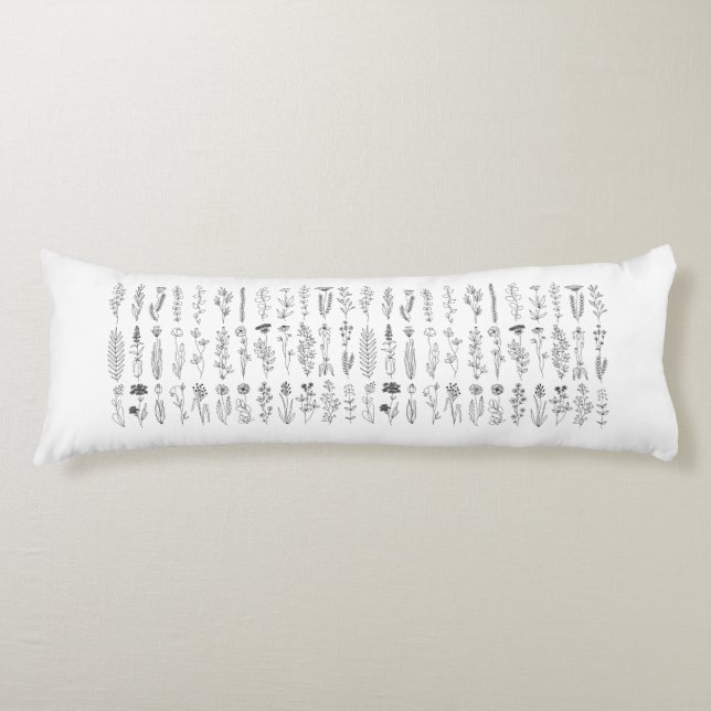 Blommor och Örter Bläck Teckning Kroppskudde (Framsidan)