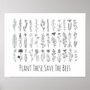 Blommor och Örter Bläck Teckning Poster