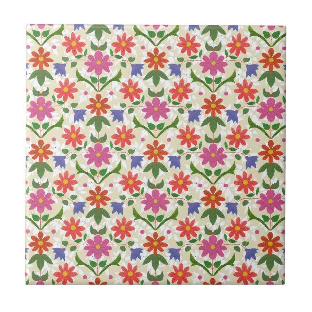 Blommor och Polka dots på Ecru, keramiska plattor Kakelplatta (Framsidan)