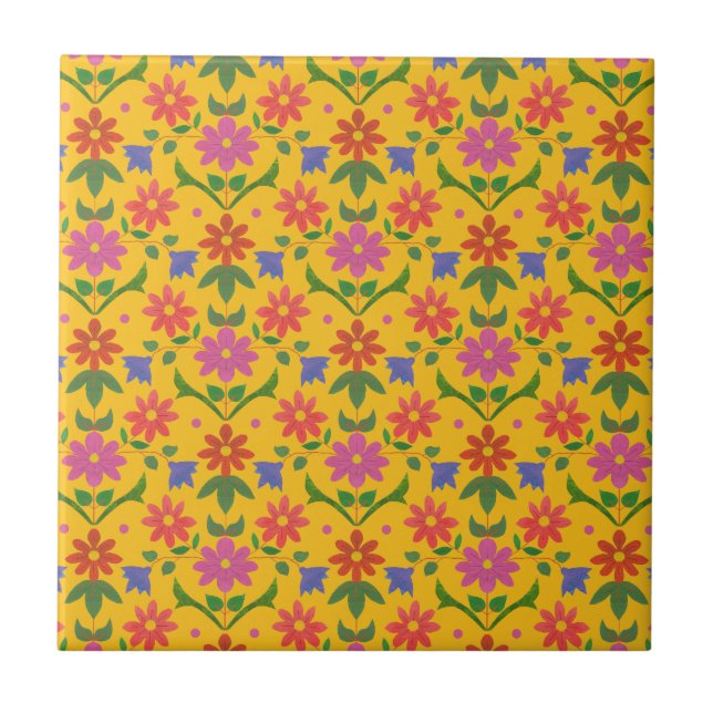 Blommor och Polka dots på Gult, keramiska plattor Kakelplatta (Framsidan)