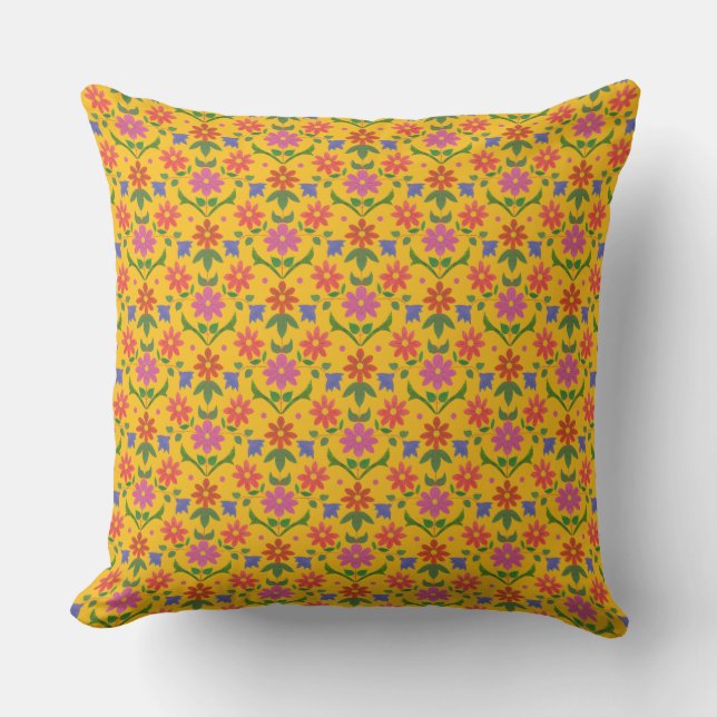 Blommor och Polka dots på Gult Pillow eller Cushio Kudde (Framsida)