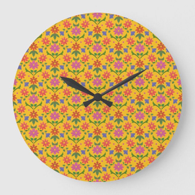 Blommor och Polka dots på Gult Round Wall Clock Stor Klocka (Framsida)