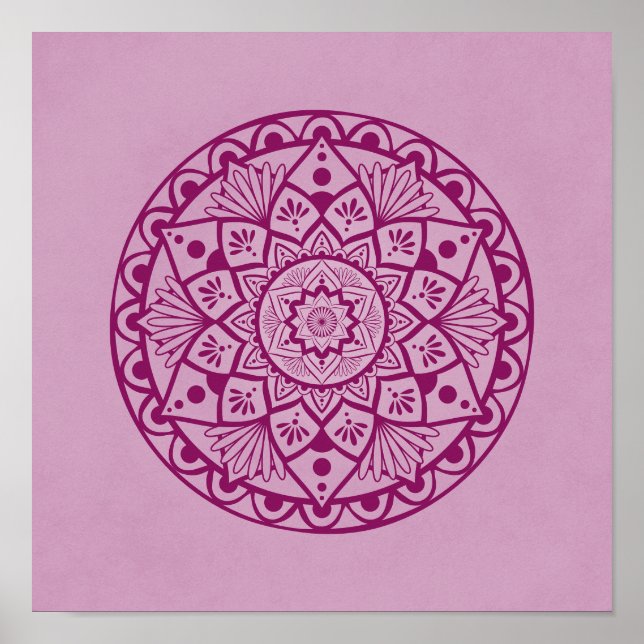 Blommor och punkter Mandala - Fuschia Rosa Print Poster (Framsidan)