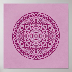 Blommor och punkter Mandala - Fuschia Rosa Skriv u Poster