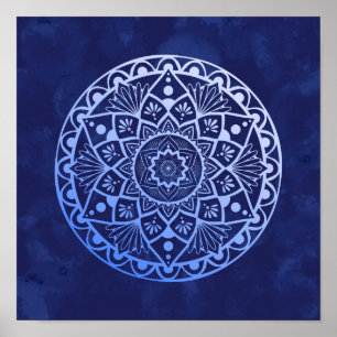Blommor och punkter Mandala - Skriv ut med blå öve Poster
