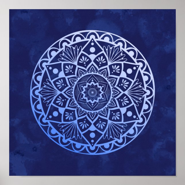 Blommor och punkter Mandala - Skriv ut med blå öve Poster (Framsidan)