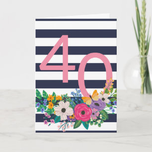 Blommor och Rand Rosa 40 Grattis på födelsedagen Kort