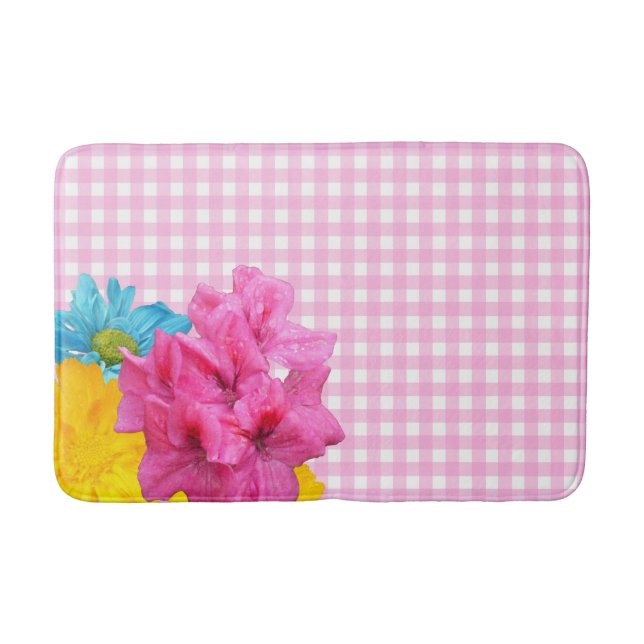 Blommor och Rosa Gingham Badrumsmatta (Framsidan)