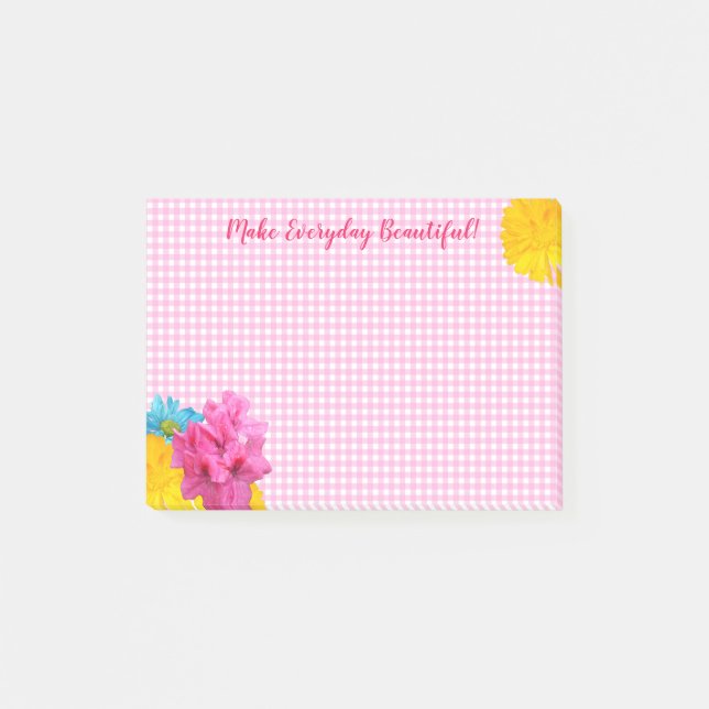 Blommor och Rosa Gingham Post-it Block (Framsida)
