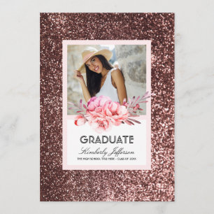 Blommor och rosa guld- glitterfotostudenten inbjudningar