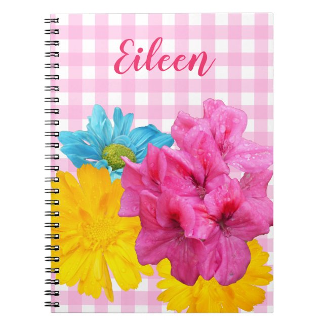 Blommor och rosa rutigt tyg anteckningsbok (Framsidan)
