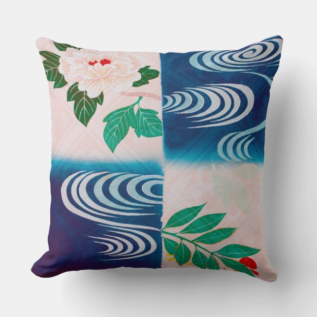 Blommor och rullar Vatten, japansk design Kudde (Framsida)