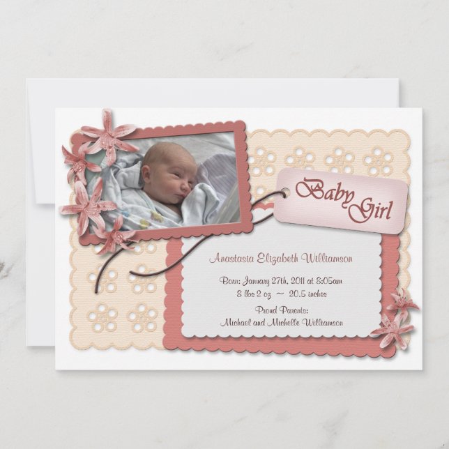 Blommor och Snöre Rosa Tillkännagivande för födels Meddelande (Framsida)