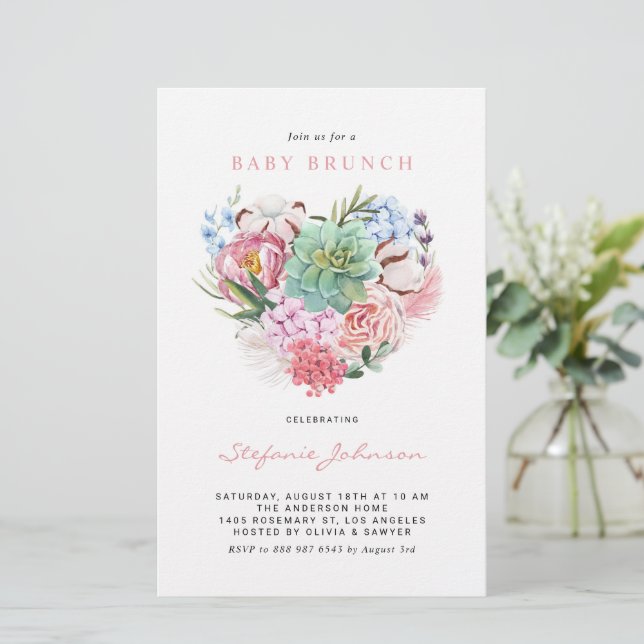 Blommor och Succulent Heart Baby Brunch-inbjudan (Stående Fram)