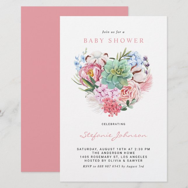 Blommor och Succulent Heart Baby Shower-inbjudan (Fram/baksida)