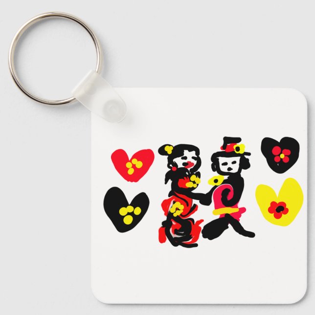 Blommor och svart och röd valentine dag nyckelring (Framsida)