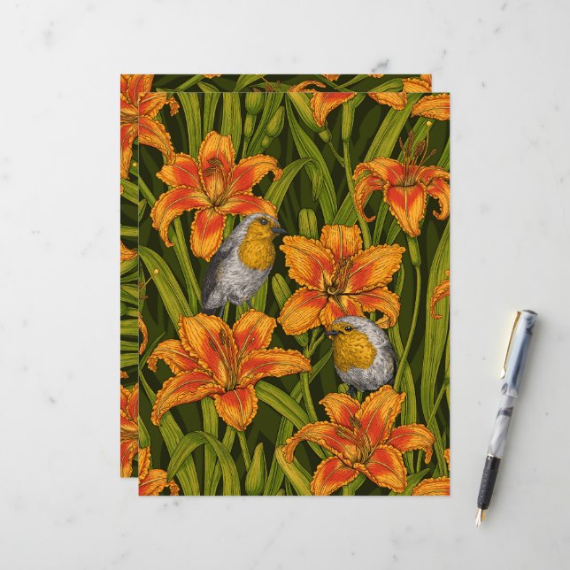 Blommor, orange och mörk grönt (Fram/Back In Situ)