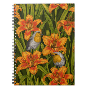 Blommor, orange och mörk grönt anteckningsbok