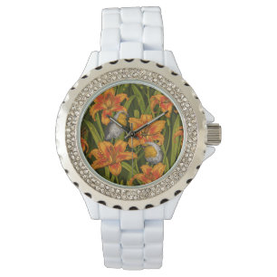Blommor, orange och mörk grönt armbandsur