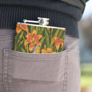 Blommor, orange och mörk grönt fickplunta