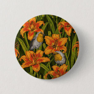 Blommor, orange och mörk grönt knapp