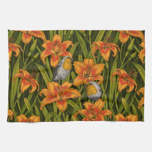 Blommor, orange och mörk grönt kökshandduk (Horisontell)