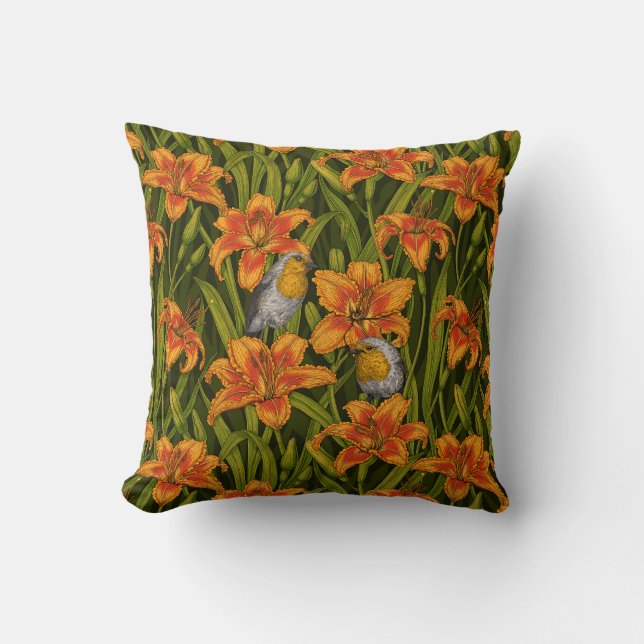 Blommor, orange och mörk grönt kudde (Framsida)
