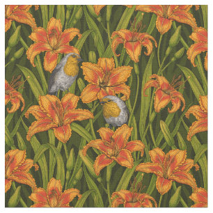 Blommor, orange och mörk grönt tyg