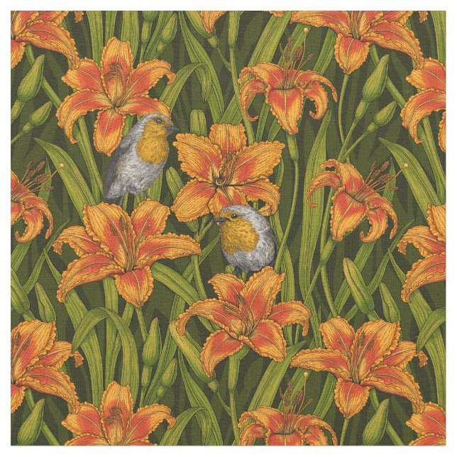 Blommor, orange och mörk grönt tyg (Närbild)