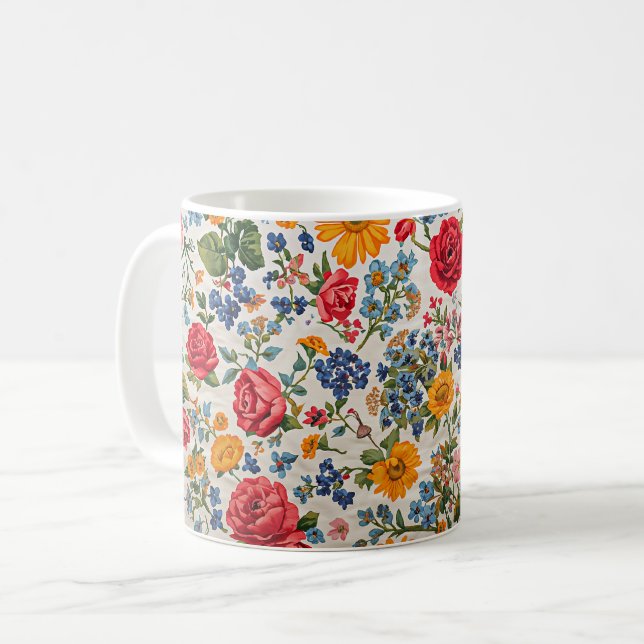 Blommor överallt, färgrik design, kaffemugg (Framsida vänster)