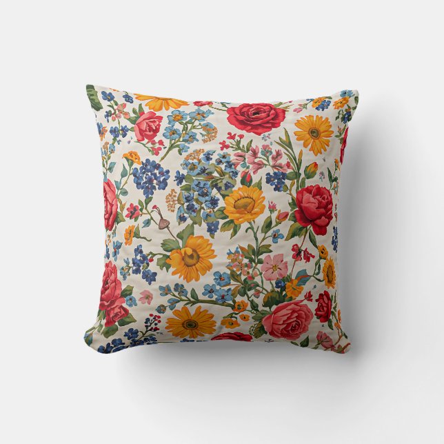 Blommor överallt, färgrik design, kudde (Framsida)